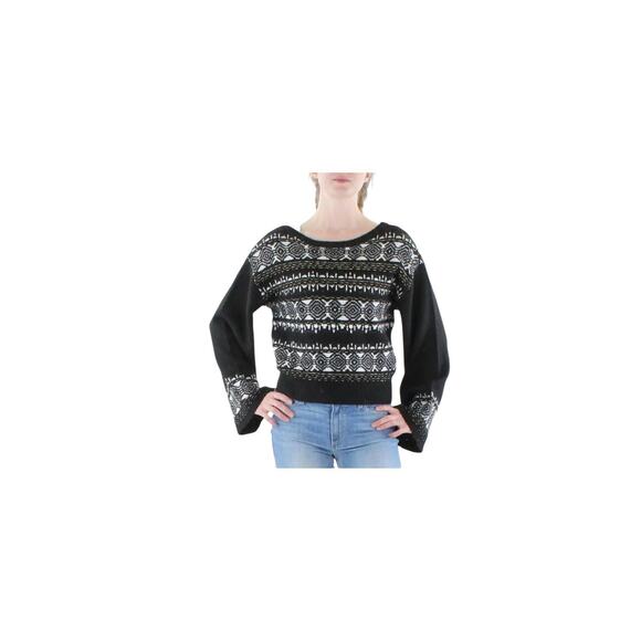 Sam Edelman L Benton Wheaton Fairisle Black Drop Shoulder Sweater Bell Sleeve - Picture 2 of 8
